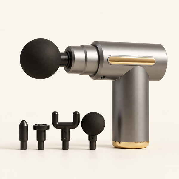 Pistolet de massage SENSO PocketPulse gris et doré avec ses embouts sur fond ivoire