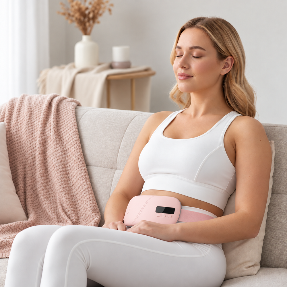 Ceinture SENSO WarmBelt rose avec écran noir, en utilisation sur un canapé