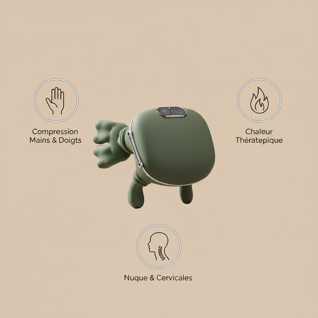 Infographie des caractéristiques du SENSO™ BionicRelief, masseur sans fil pour mains et nuque