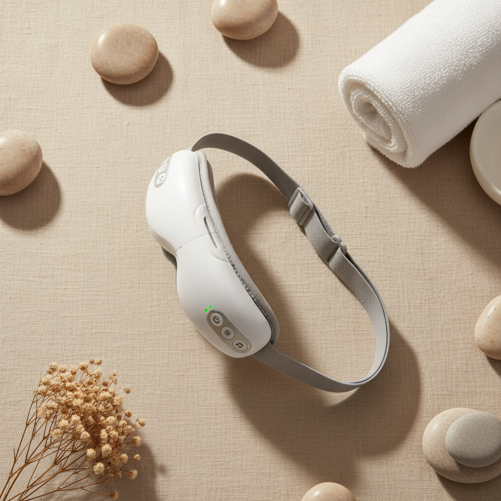 SENSO™ EyePress présenté avec ses accessoires — masseur oculaire chauffant et compressif