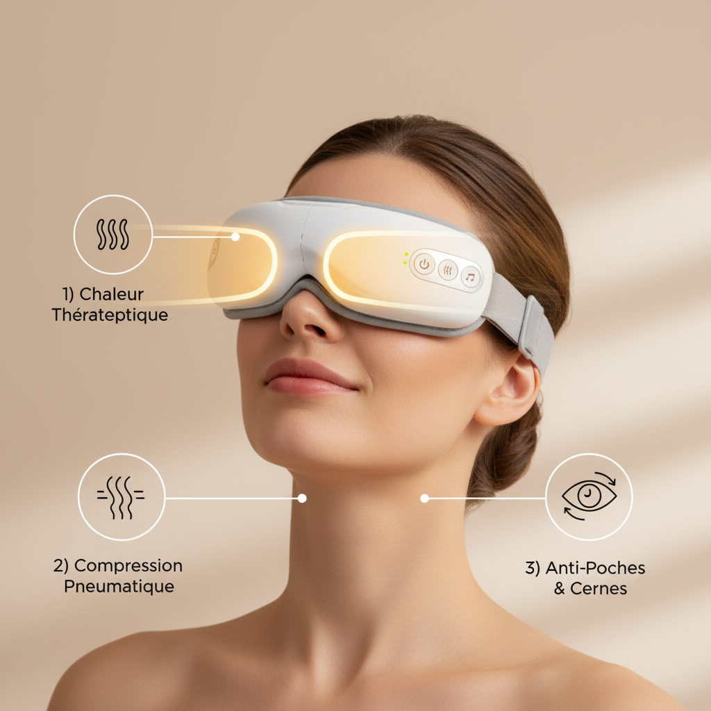 Infographie des caractéristiques du SENSO™ EyePress, masseur oculaire chauffant et compressif