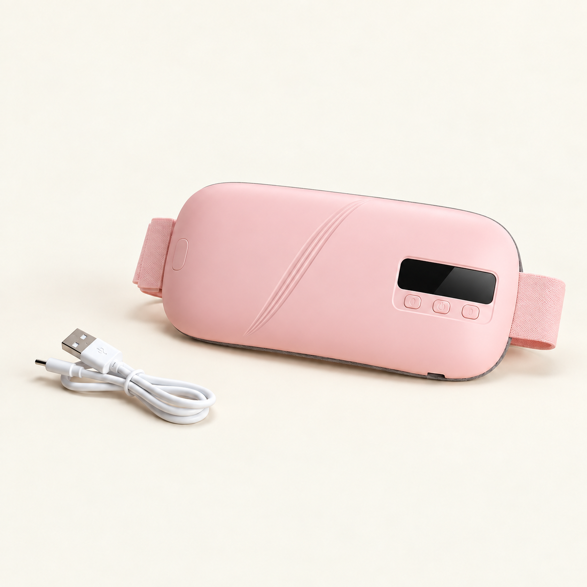 SENSO WarmBelt rose avec écran noir et câble USB, vue des accessoires