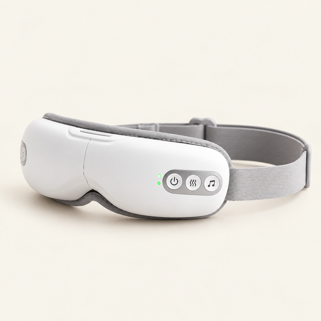Masque oculaire SENSO EyePress, vue du produit et de ses commandes sur fond ivoire