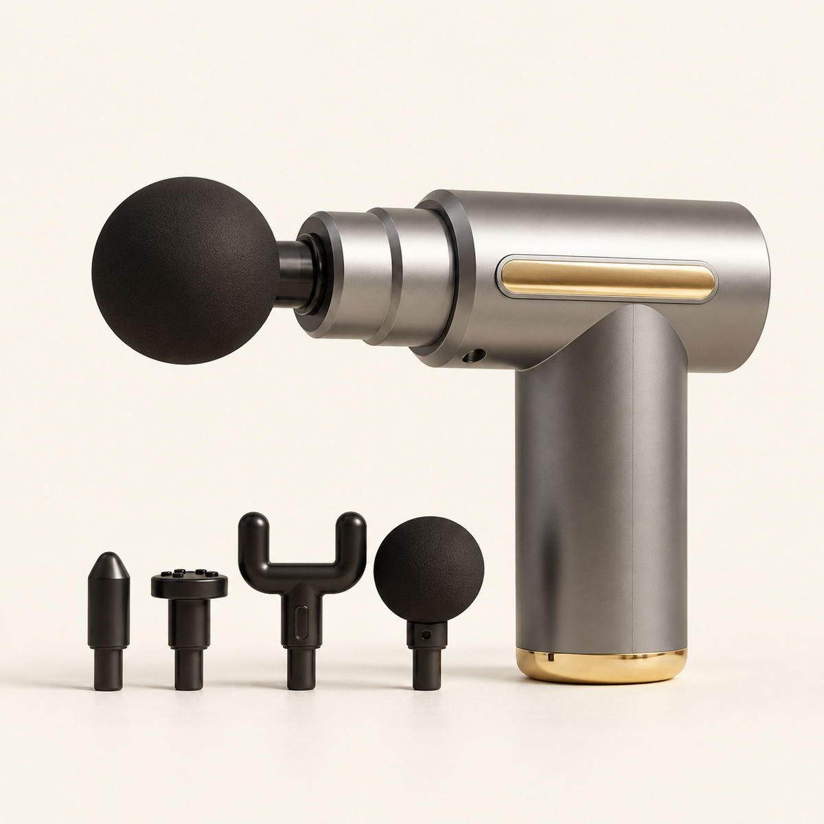 Pistolet de massage SENSO PocketPulse gris et doré avec ses embouts sur fond ivoire