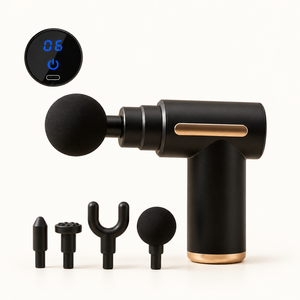 PocketPulse noir avec ses quatre embouts, sur fond crème
