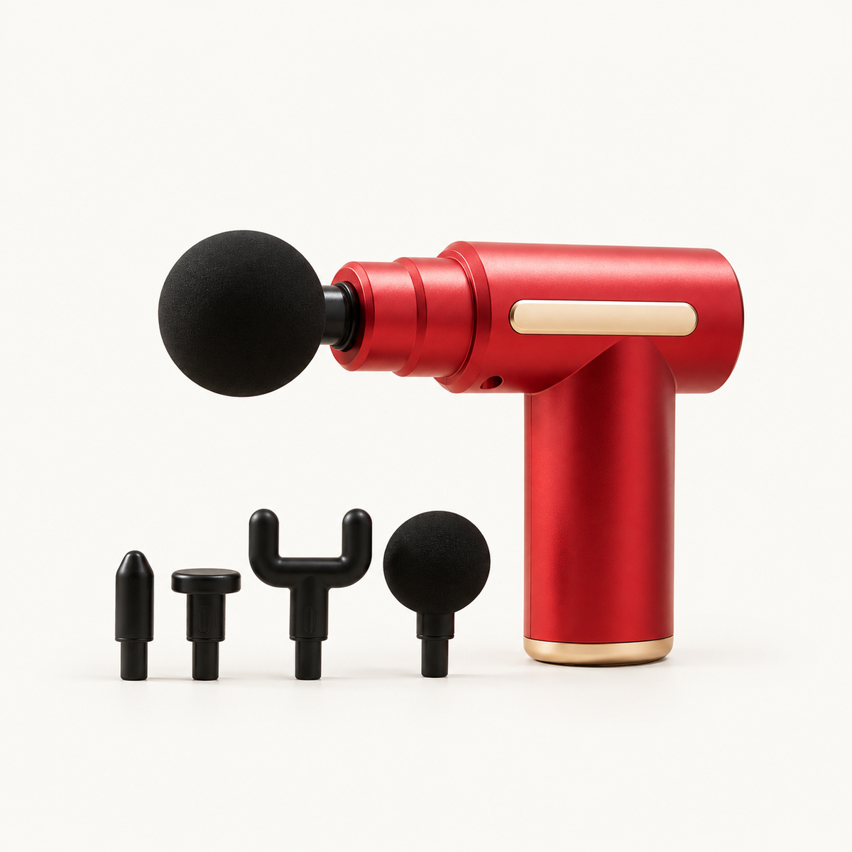 PocketPulse rouge avec ses quatre embouts, sur fond crème