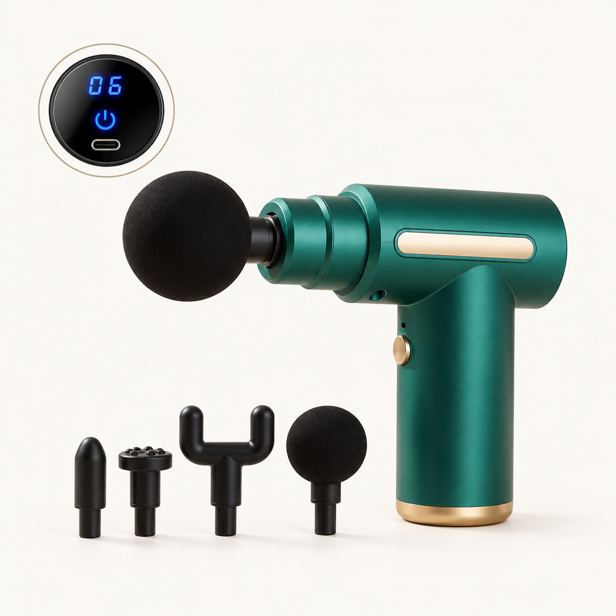 PocketPulse vert avec ses quatre embouts, sur fond crème