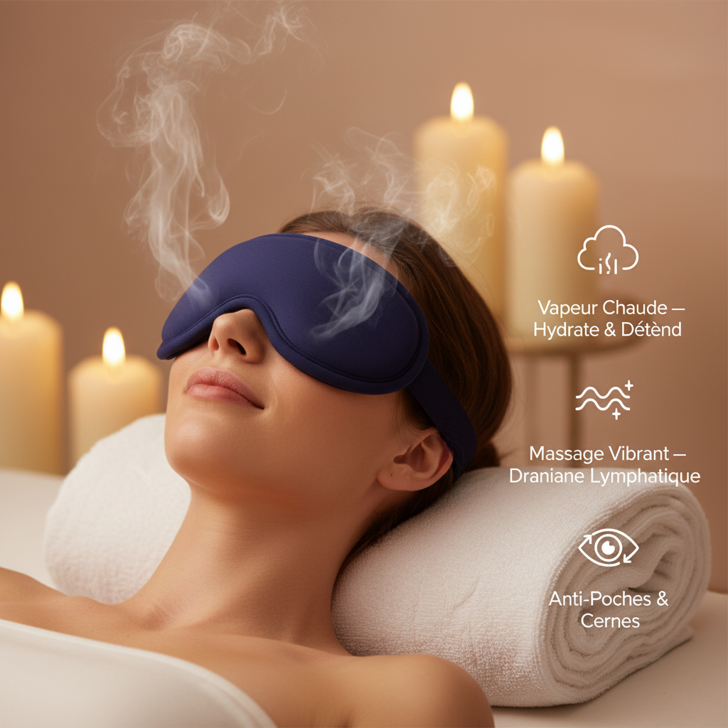 Infographie des caractéristiques du SENSO™ SteamEye, masque oculaire vapeur et massage